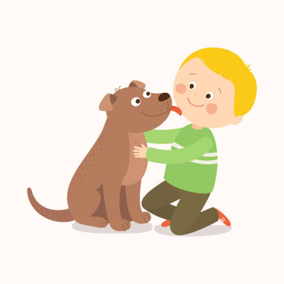 A little dog licking a boy's cheek. Best friends. Cartoon vector clip art illustration on white background.